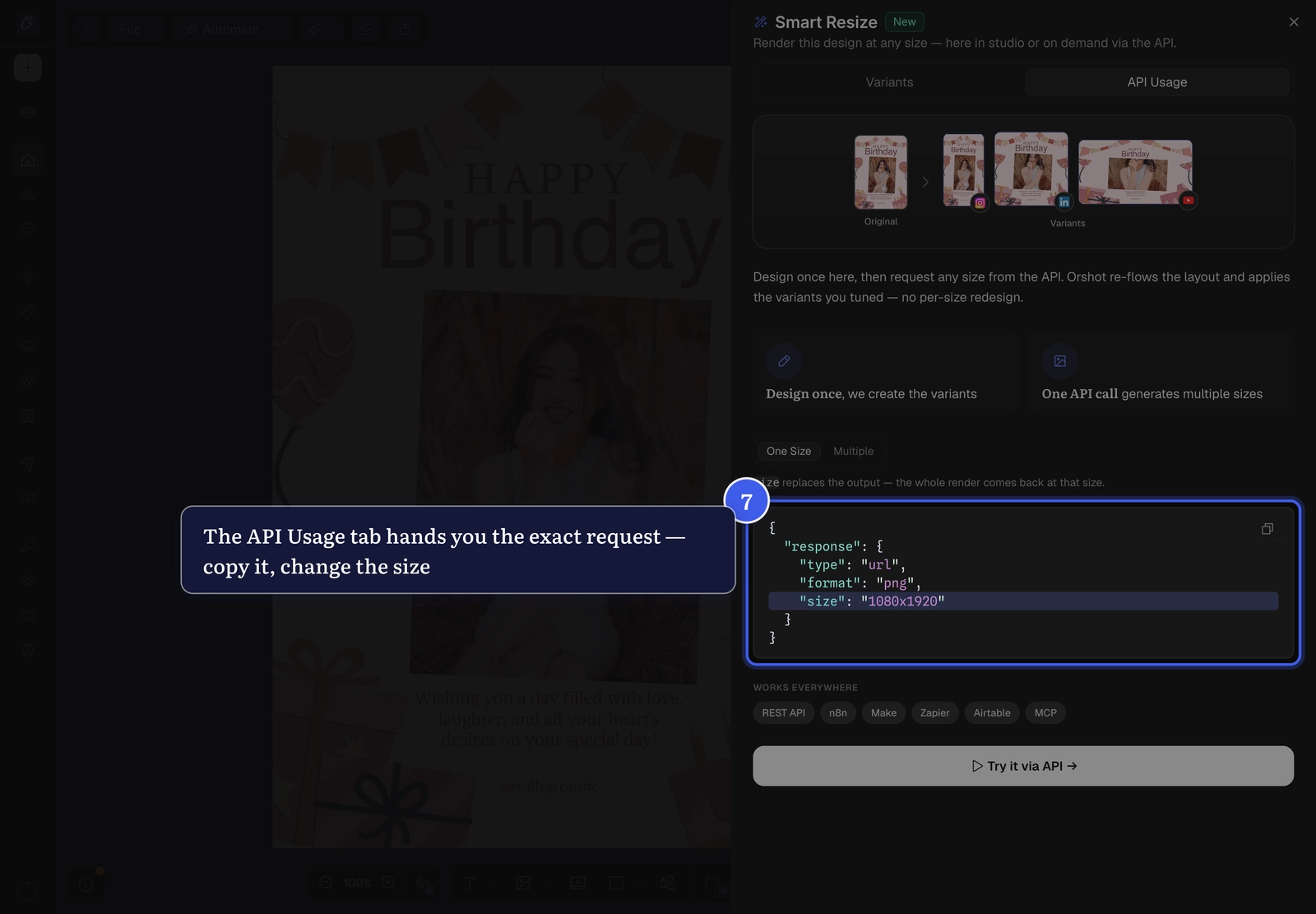 The API Usage tab in the Smart Resize panel