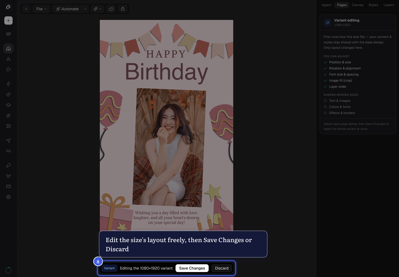 Editing a variant's layout, with Save Changes and Discard