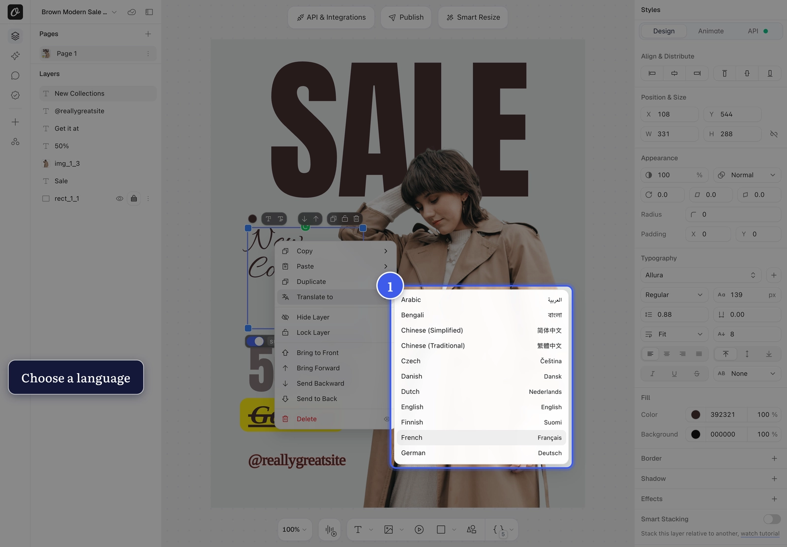 Right-click menu on a text layer with Translate to open and the language list