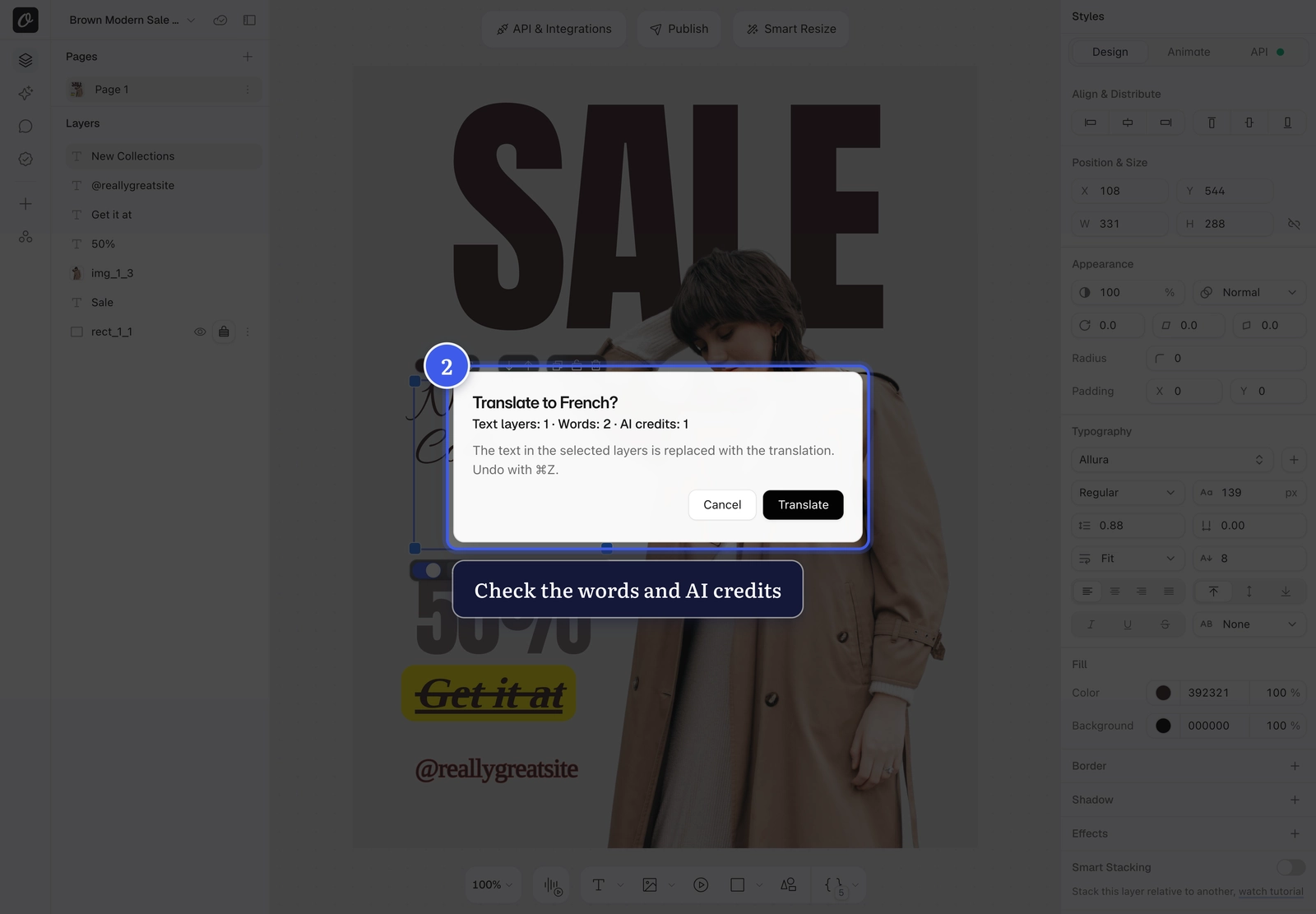 Translate confirm step showing layers, words and AI credits