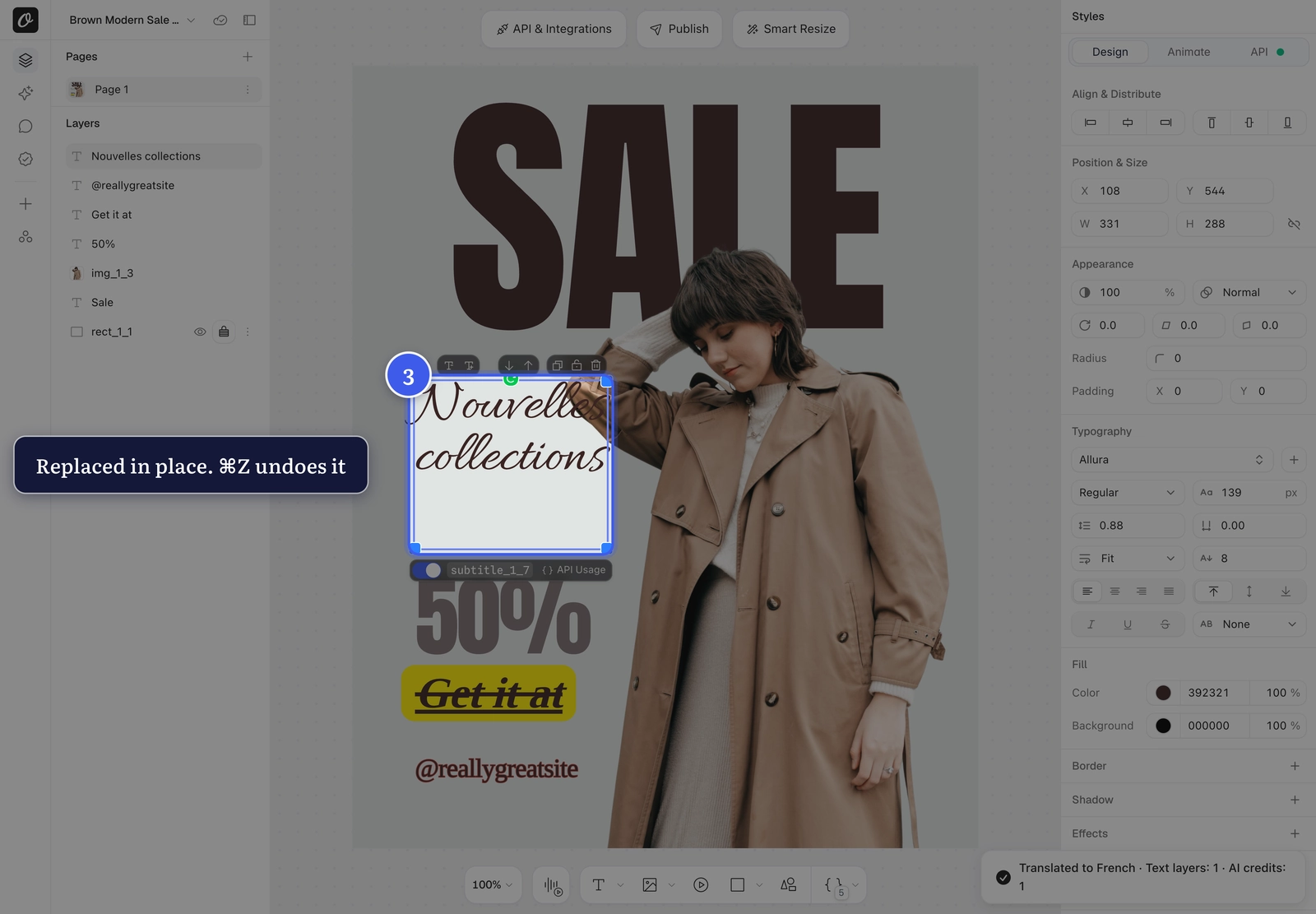 The translated text layer on the canvas