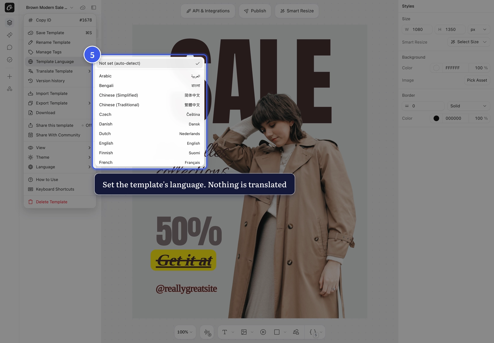 Template Language submenu in the template menu