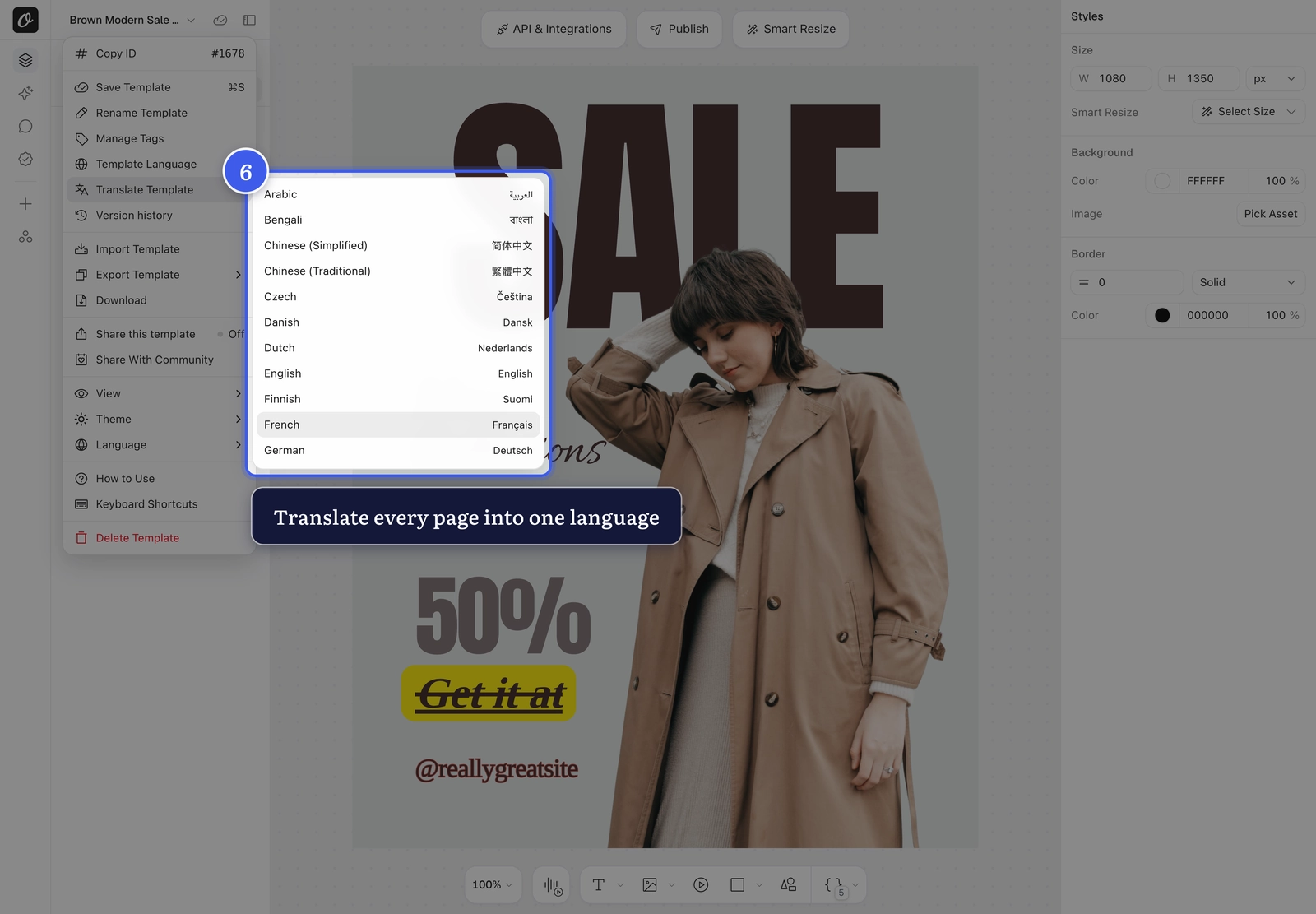 Translate Template in the template menu with the language list open