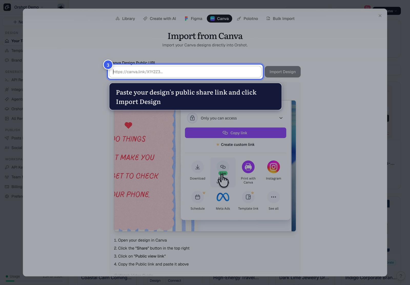 The Canva import pane with the share-link field