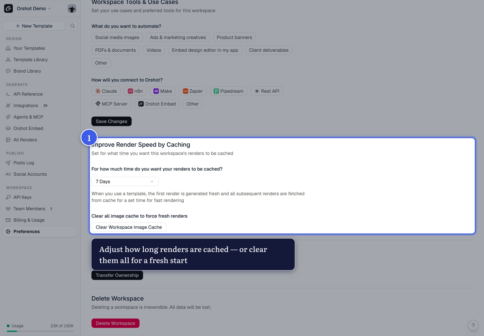 The render caching section in workspace Preferences