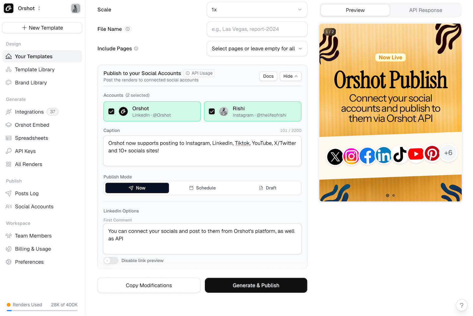 Publishing from Orshot Studio: connected LinkedIn and Instagram accounts selected, a caption, Now/Schedule/Draft publish modes, LinkedIn first-comment options, and a Generate & Publish button