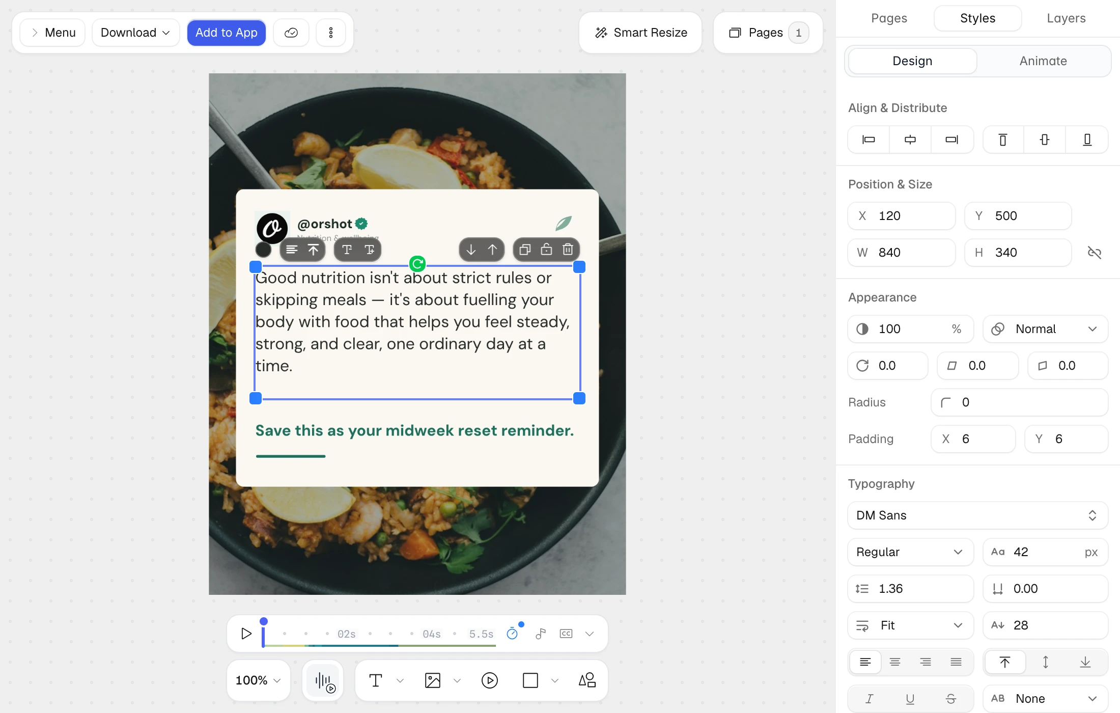 The Orshot editor embedded and white-labelled inside a customer app on app.acme.com, with a purple Add to App button and a nutrition quote card template open