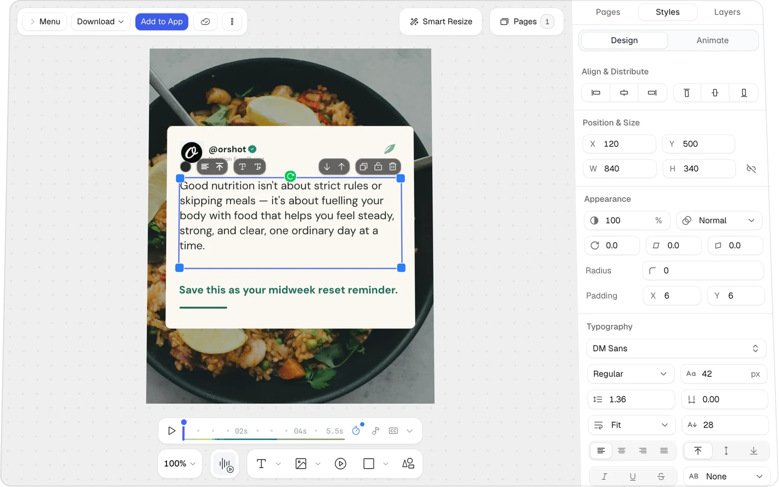 The Orshot editor embedded and white-labelled inside a customer app on app.acme.com, with a purple Add to App button and a nutrition quote card template open