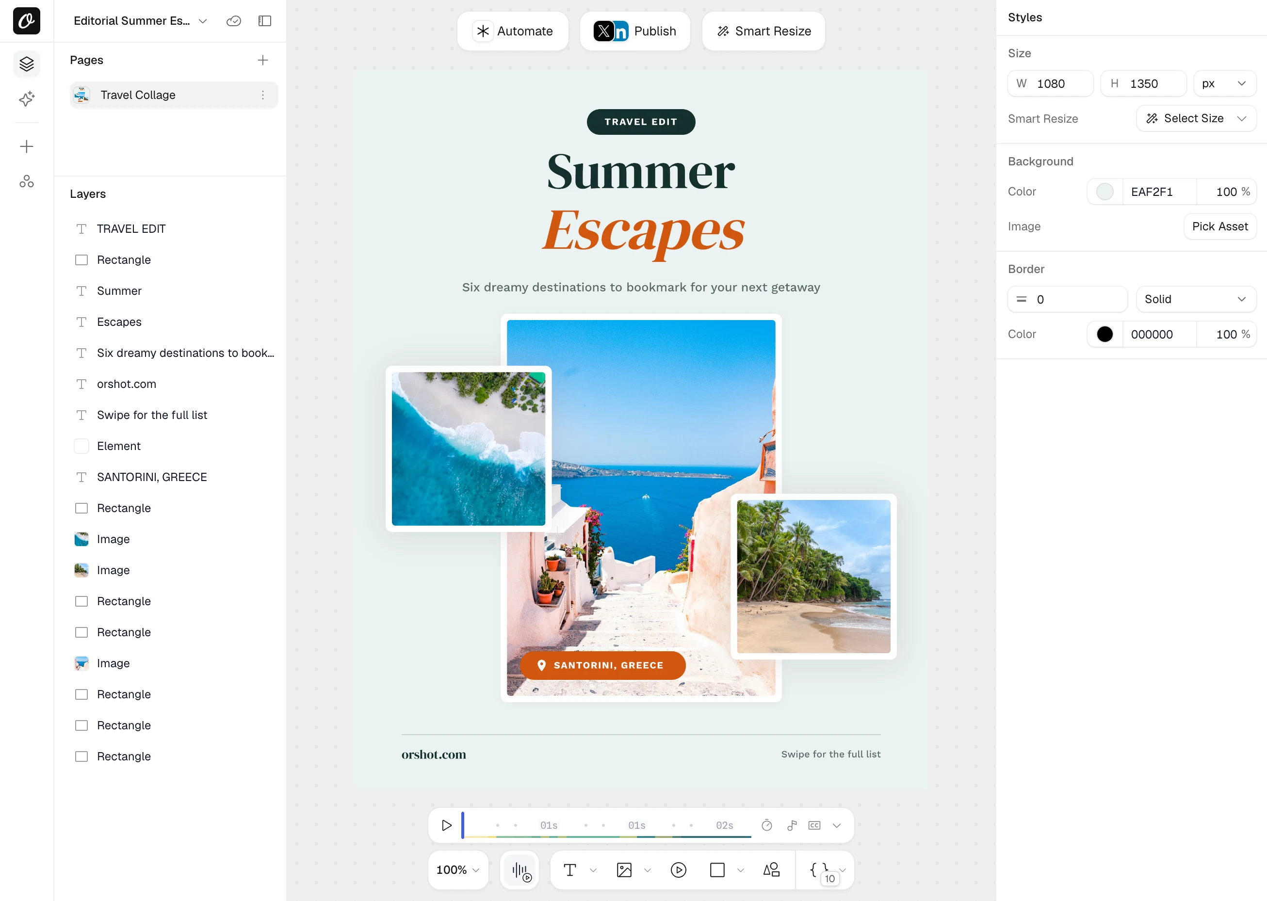 Orshot Studio: layers panel, canvas, styles sidebar, and a video timeline, with Automate, Publish and Smart Resize in the toolbar
