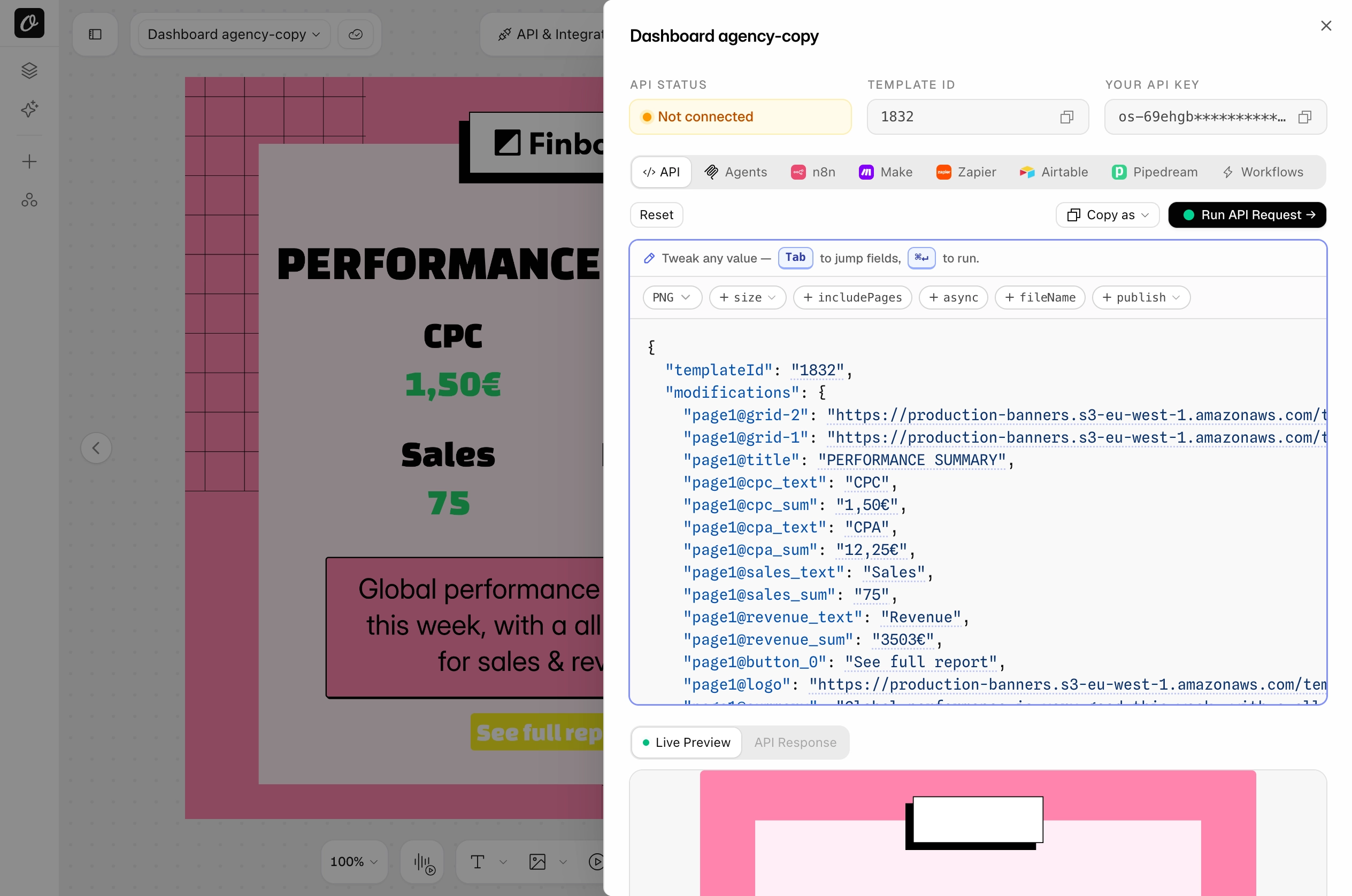 The API & Integrations sheet of an imported Abyssale design in Orshot, with the API tab open and every layer name listed as a parameter