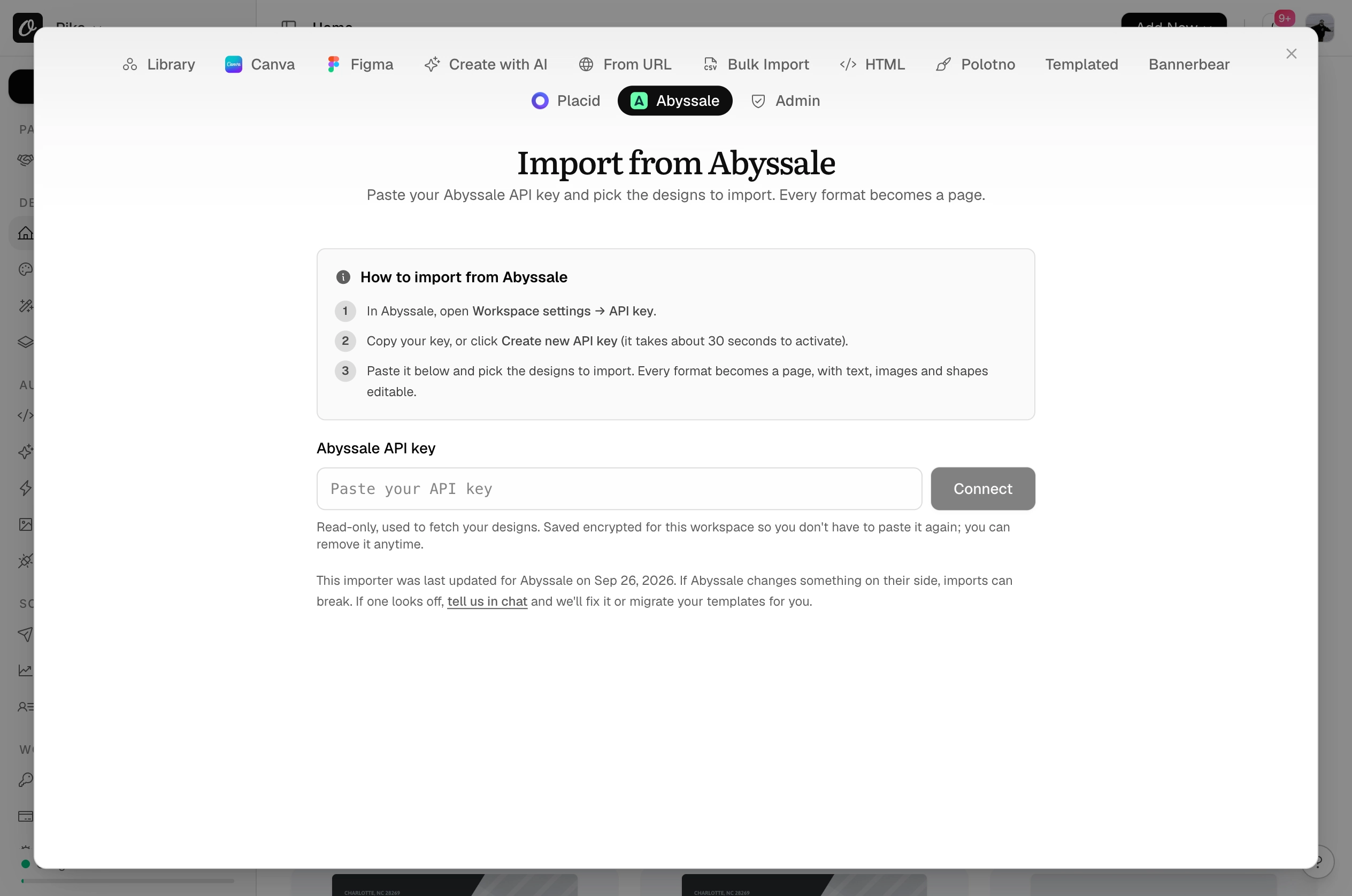 The Abyssale tab in the New Template dialog, with the API key field and the design picker