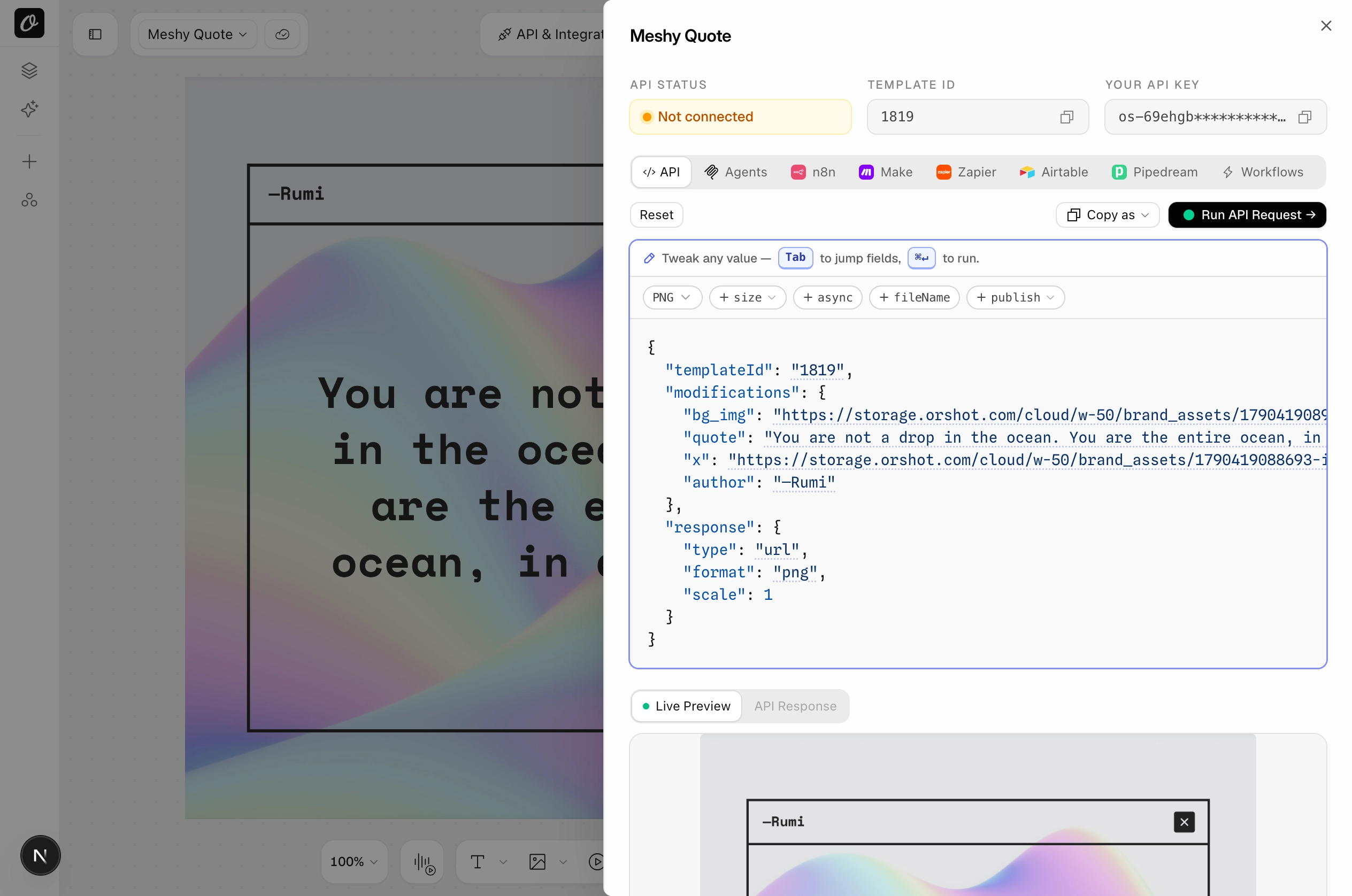 The API tab of the imported template: every Placid layer name is a parameter in the ready request